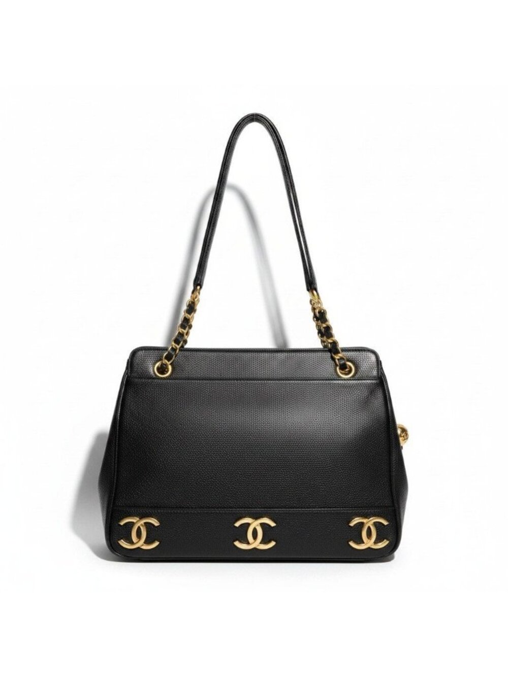 Chanel Triple CC Logo Caviar Leather Shoulder Bag Coco Chain Black
